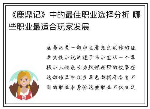 《鹿鼎记》中的最佳职业选择分析 哪些职业最适合玩家发展
